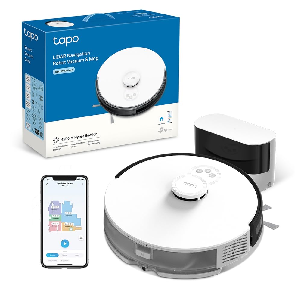 Tapo RV30C Mop Robot Aspirapolvere Lavapavimenti, Aspirazione Potenza 4200Pa, Navigazione LiDAR, Mappatura Rapida, Batteria da 3200mAh, Adatto a Pavimenti e Tappeti, Controllo Alexa & Google