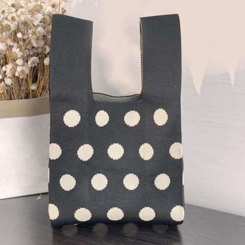 Bolso de muñeca tejido con estampado de lunares para mujer, color negro, estilo polka dot, pequeño y práctico, ideal para compras diarias o como regalo miniatura 3