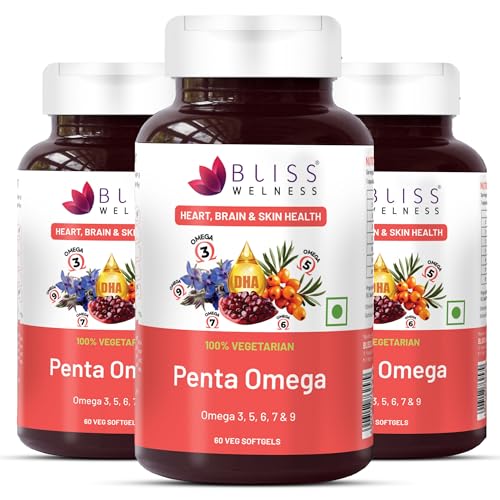 Image of Bliss Welness Veg Omega 3 5 6 7 9 Supplement | Plant Based Algal (DHA), Flaxseed Oil (ALA), Pomegranate Seed, Sea Buckthorn, Borage (GLA), Rosemary Extract, Sunflower Extract & No Fish Oil | Supports Heart, Hair, Skin & Joint Health | 60 Vegan Softgel Capsules Pack of 3