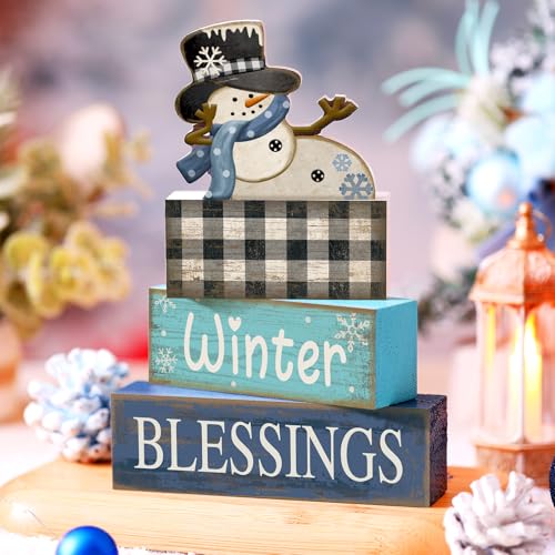 Image of Moucuny 4 Pcs Winter Table Decorations Playful Snowman Decor Indoor Winter Tiered Tray Decor Rustic Wooden Decorative Snowman Block Sign Gift Snowflake Centerpiece Farmhouse for Home Kitchen