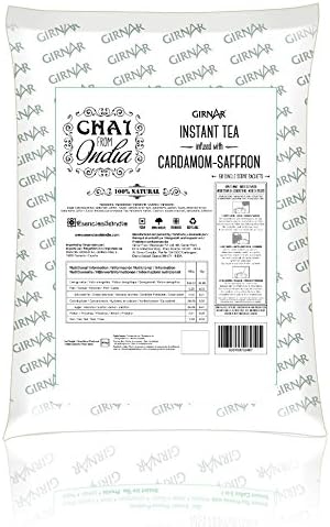 GIRNAR - Indian CHAI with Cardamom & Saffron 100% Natural, NO Milk. 500GR Pouch (50 Individual sachets of 10gr) Instant Tea with Indian Spices