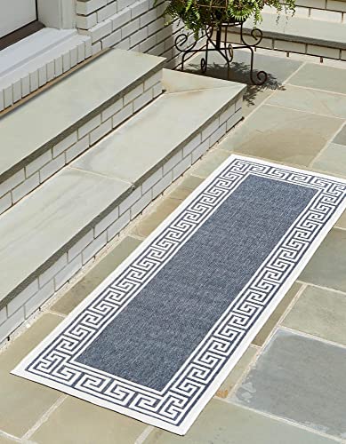 Unique Loom Outdoor Coastal Collection Area Rug - Caye (2' x 8' Runner, Navy Blue/ Ivory)