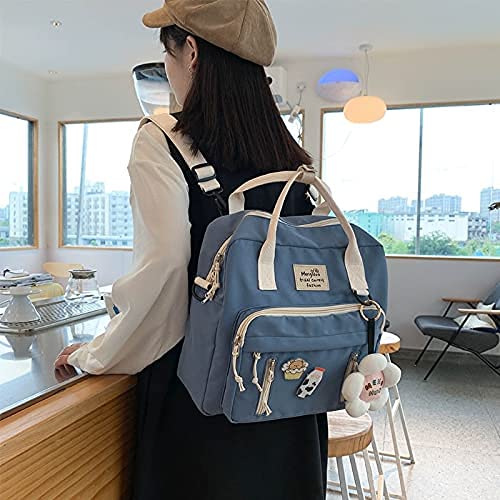 Kawaii Canvas School Backpack with Pendant, Laptop Shoulders Bag, Back to School Off to College Supplies (Blue)2