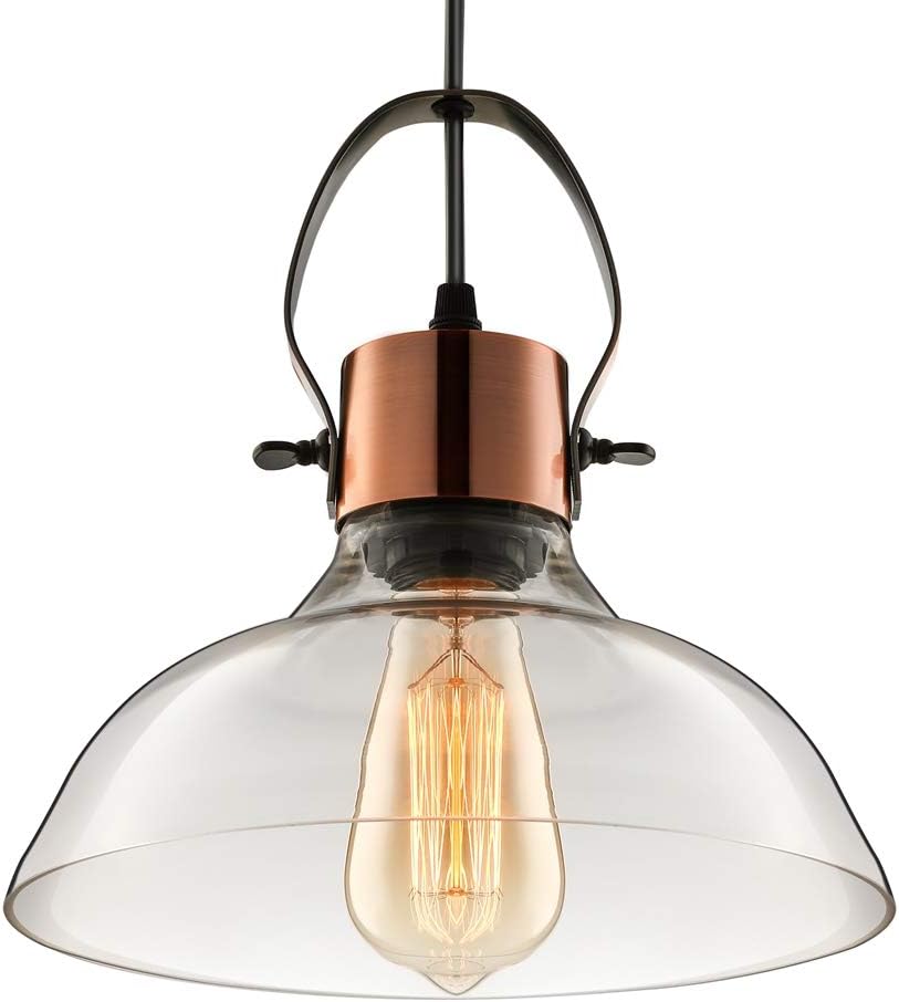 LITFAD Pendant Light Industrial Edison Vintage Glass Pendant Lamp Classic Dome Ceiling Hanging Light Chandelier Mounted Light Fixtures Copper Finish for Dining Room Foyer Living Room Cafe Bar