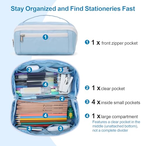 Image of Large Capacity Pencil Case - Pencil Pouch for Teen Girls & Boys, Aesthetic Pouch Organizer with 8 Compartments, Wide Opening Marker Bag for Middle High School College, Fits Calculator, Blue