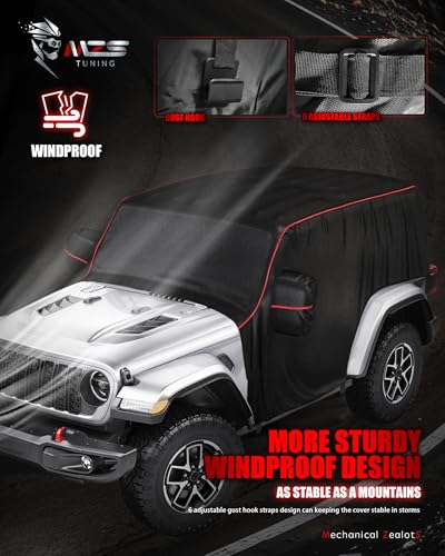 Image of MZS Cab Cover Compatible with Wrangler JK JL 2 Door 2007-2026, 600D Waterproof Wrangler Cover with Mirror Pocket 6 Gust Hook Car Half Cover Windproof Sun Snow Rain Scratch Protection