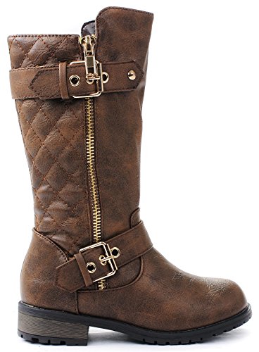 JJF Shoes Kids Girls Mango21 Brown Dual Buckle/Zipper Quilted Mid Calf Motorcycle Boots-11