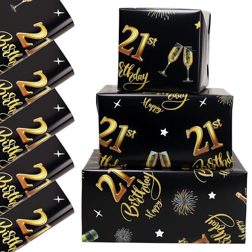 Bolibo 6 Sheets 21st Birthday Wrapping Paper 70x50cm Gold Black Recyclable Gift Wrap Paper for Boys Girls Birthday Decorations (Black Gold 21)