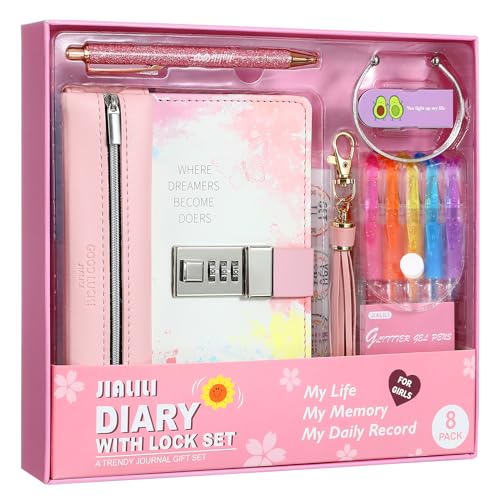 JIALILI Diary with Lock for Girls, Birthday Gift Ideas for 8, 9, 10, 11, 12 Year Old, Kids Journals Set for Girls Ages 8-12 teen, Girls Secret Diary Gift Set With 8 pack