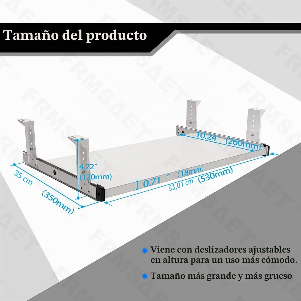 FRMSAET Bandeja para cajón para Teclado 53 cm / 60 cm / 76 cm Soporte de Madera para Debajo del Escritorio Plataforma de Altura Ajustable Herrajes para Muebles Accesorios de Oficina. (53 cm, Blanco)