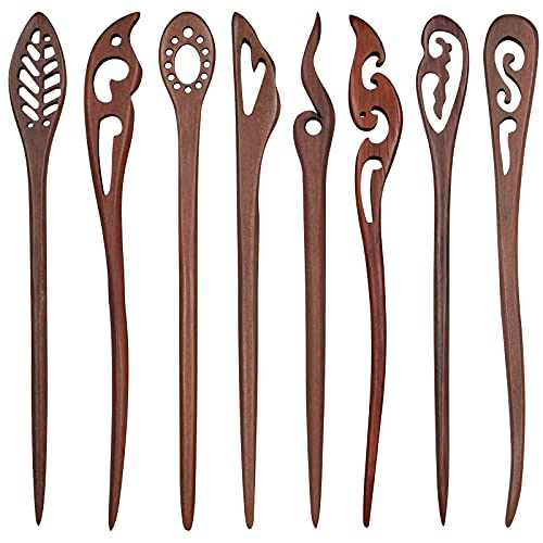 ORNOOU 8 Pieces Hair Sticks, Red Sandalwood Hair Clips, Hair Pin Chinese Hair Chopsticks Pins Retro Vintage Decorative for Long Hair Women