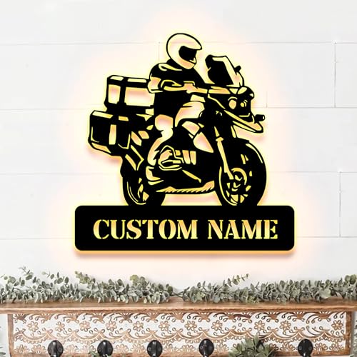 Image of Personalized Motorcycle Metal Wall Art LED Light, Adventure Motorcycle Metal Wall Decor, Motorcycle Metal Sign, Outside Wall Hanging, Home Decor, Birthday Gift, Christmas Gift