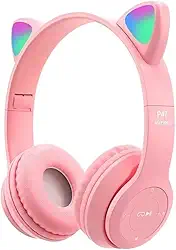 Fone De Ouvido Com Orelha de Gatinho Cat Ear Headphone Bluetooth com Luzes RGB para crianças e adultos (Rosa)