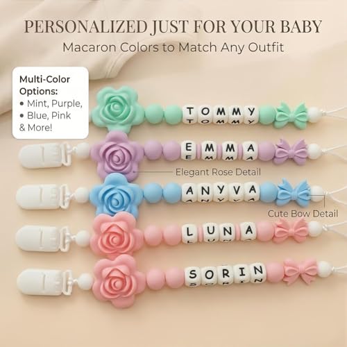 Image of Personalized Pacifier Clip with Name,Silicone Pacifier Clip with Flower Bow for Baby Handmade Pacifier Holder Fits All Pacifiers