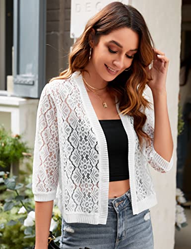 FindThy Women’s Casual Summer Lace Cardigan Open Front 3/4 Sleeve Solid Lace Shrug Cover Up3