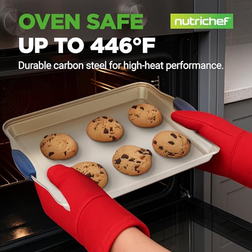 Image of NutriChef 3‑Piece Non‑Toxic Cookie Sheets for Baking - Premium Carbon Steel Oven Tray Set with Blue Silicone Handles - Nonstick Baking Sheet Set for Cookies, Pastries & Oven‑Safe Cooking