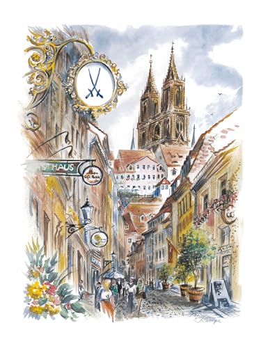 Die Staffelei Wandbild/Aquarellzeichnung A4 von Sachsen/hochwertiges 250g Papier/besondere Geschenkidee für den Sachsen-Freund (Meißen, Motiv Burgstraße)