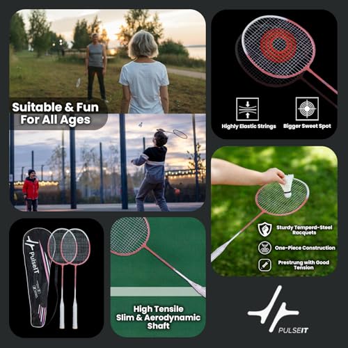Image of PulseITSmash Badminton Racket- for Men & Women. Lightweight Aluminum Frame with High Tension Strings. Indoor /Outdoor Badminton Racquet for Training, Power Play & Control. (Pink)