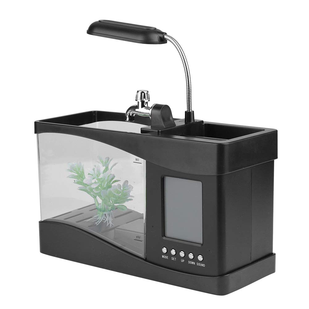 Mini Aquarium USB Aufladbar Multifunktional mit Uhr LED Light Pen Container für Haus Büro (Schwarz)