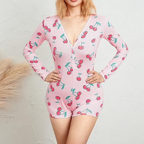 Elyincii Pijama feminino sexy com aba no bumbum, macacão curto, manga comprida, body colado ao corpo