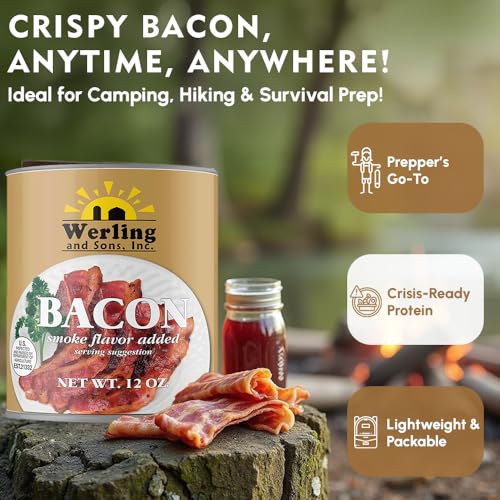 Image of Werling Fully Cooked Canned Bacon 12 oz - Ready to Eat Smoked Bacon, Shelf Stable up to 5 Years, Long-Term Food Storage, Emergency Survival Food, Camping & Hiking Meals, Pantry Staple, Canned Meat, Pack of 12