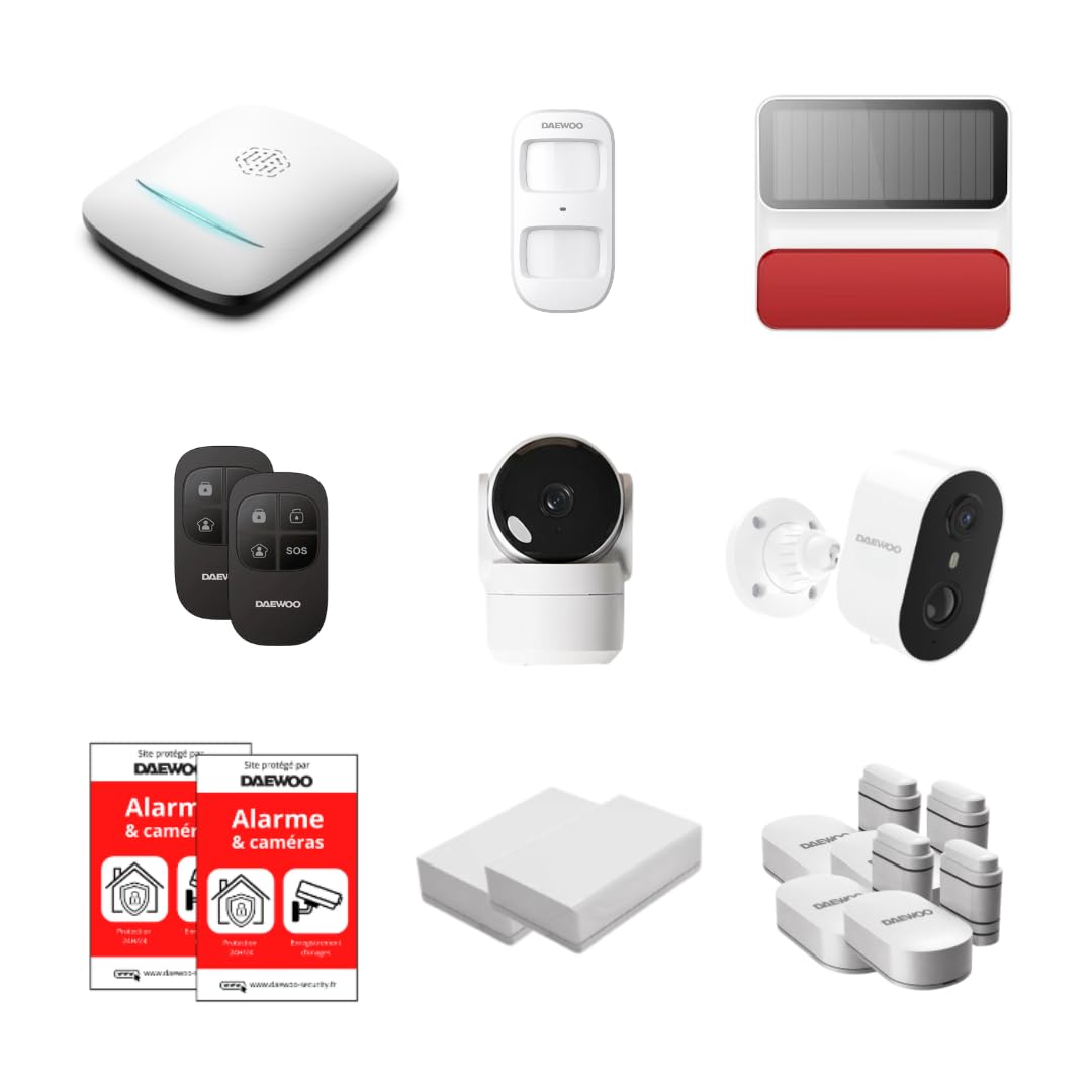 Daewoo Security – Pack de Alarma para casa conectada WiFi y gsm – Sistema de Seguridad inalámbrico con cámaras Interiores y Exteriores, Sirena Solar, detectores Zigbee – sin suscripción