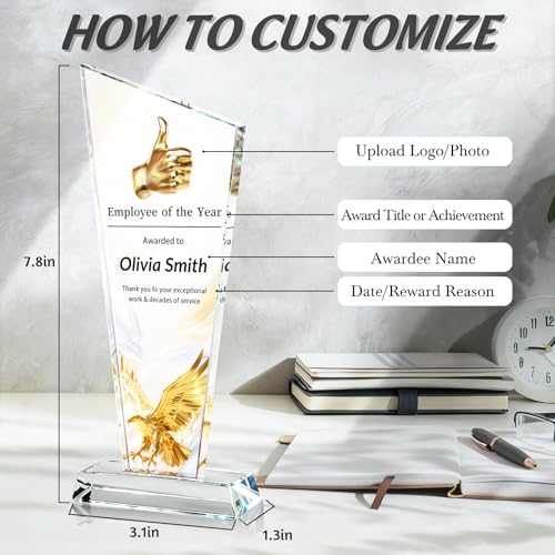 Image of Custom Crystal Trophy Award Personalized Plaque Award with Text Logo Photo Awards Trophies for Employee Recognition Team Graduation Personalized Office Gifts for Boss Coworker Teacher