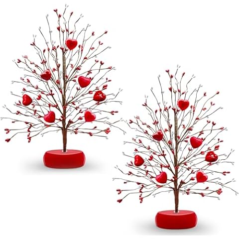 TURNMEON 2 Pack Valentines Day Tree Valentine's Day Decoration, Each with 7 Red 3D Heart Ornaments 378 Floral Berry Blossom 15 Inch Tabletop Artificial Tree Valentines Centerpiece for Table Room Home Cover