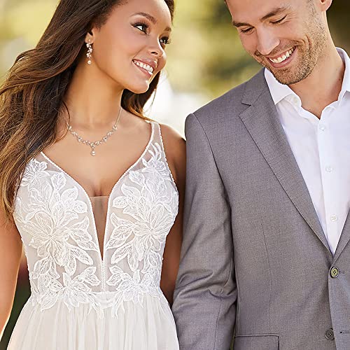 Elequeen Women's Simulated Pearl Wedding Jewelry Set, Cubic Zirconia Marquise Floral Bridal Necklace Earrings Bracelet Sets #TOP5