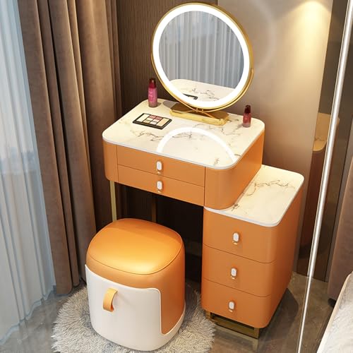 LEDVanityDeskwithAdjustable Mirror5Drawers&StoolSpaceSavingMakeupTablewithDimmableLightingforBedroom/StudyModernMakeupStation