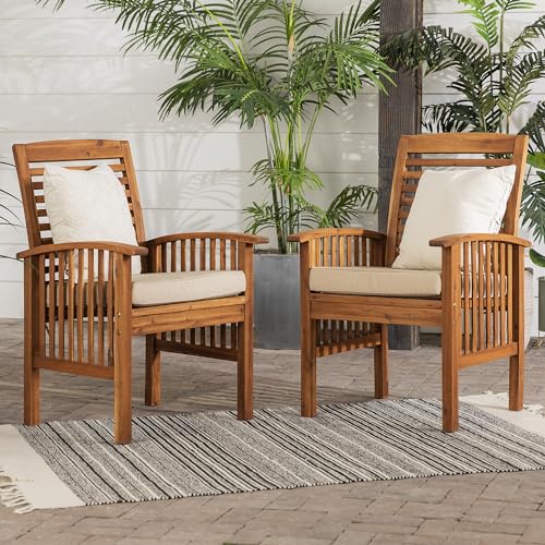 Walker Edison Rendezvous Modern 2 Piece Solid Acacia Wood Slat Back Outdoor Dining Chairs, Set of 2, Brown - Image 2
