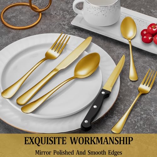 Image of 24 Pcs Gold Silverware Set with Steak Knives, Stainless Steel Flatware Cutlery Set Service for 4, Kitchen Tableware Set, Utensil Set for Home and Restaurant, Knives Forks Spoon Set, Dishwasher Safe