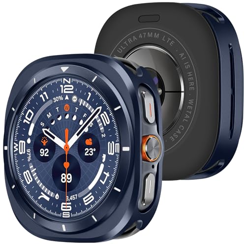 Amizee 2 in 1 Schutzhülle Kompatibel für Samsung Galaxy Watch Ultra (2025/2024) 47mm Hülle Ultradünne Metallrahmen Anti-Kratzer Schutzhülle für Galaxy Watch 7/8 Ultra Blau/Weiß
