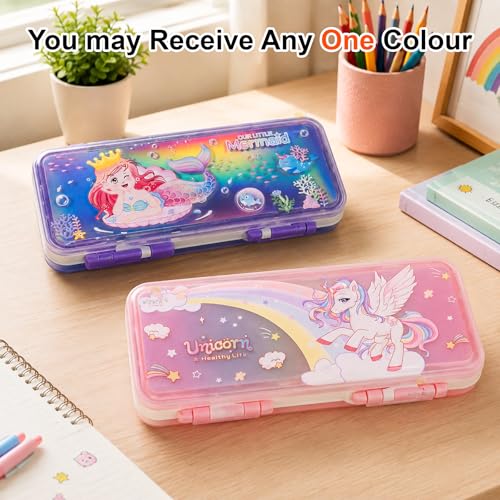 Image of WISHKEY Unicorn & Mermaid Pencil Box for Kids Large Capacity Double-Sided Pencil Case with Multiplication Table Secure Lock Spacious Compartments Cute School Stationery Box for Girls Multicolor