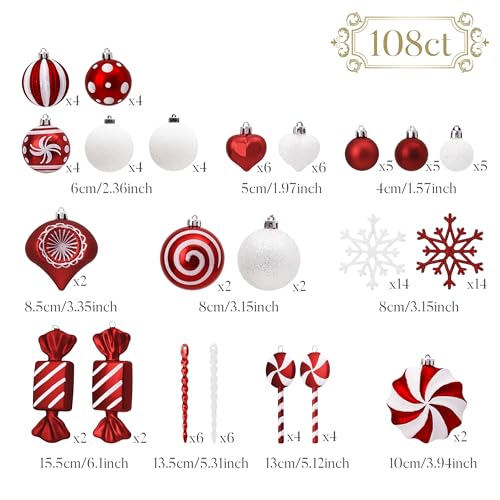 Valery Madelyn Christmas Ornaments Set, 108ct Candy Cane Red and White Shatterproof Christmas Tree Decorations Ball Ornaments Bulk, Decorative Hanging Ornaments for Xmas Trees Holiday Party Decor - Image 4