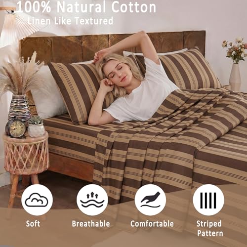 Image of Merryword 100% Cotton Sheet Set Queen Size - Brown Striped Bedding, Soft Breathable Percale Weave, Deep Pocket Fitted Sheet 17.5 inch, Luxury & Silky Soft Sheet Set for All Seasons
