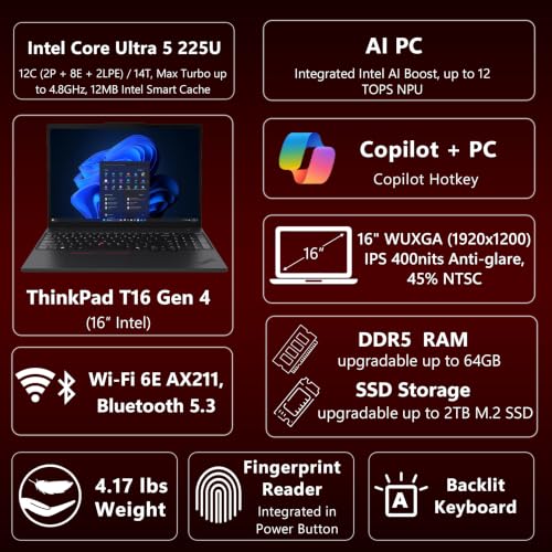 Image of Lenovo ThinkPad T16 Gen 4, Intel Ultra 5 225U, Laptop Computer for Business