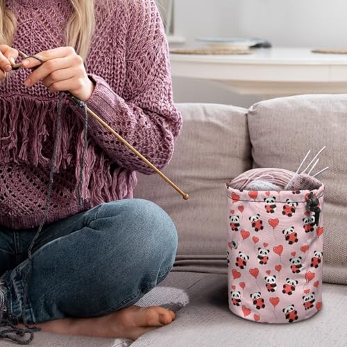 Image of Sellikakes Heart and Panda Yarn Bag Knitting Crochet Tote Bag Valentine's Day Yarn Organizer for Crocheting Project, Store Skein Ball,Short Knitting Needles