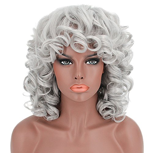 YOURWIGS Kinky Short Curly Hair Wigs for Black Women Fluffy Wavy Silver Synthetic Wig Halloween Costume Wig Natural Looking Heat Resistant Wigs with Wig Cap Z014S