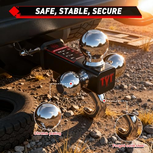 Image of TYT Trailer Hitch Tri Ball Mount with Tow Hook,Fits 2 inch Receiver,Triple Balls (1-7 /8 inch, 2 inch, 2-5 /16 inch),10,000 lbs GTW,1,000 lbs TW,with Hitch pin