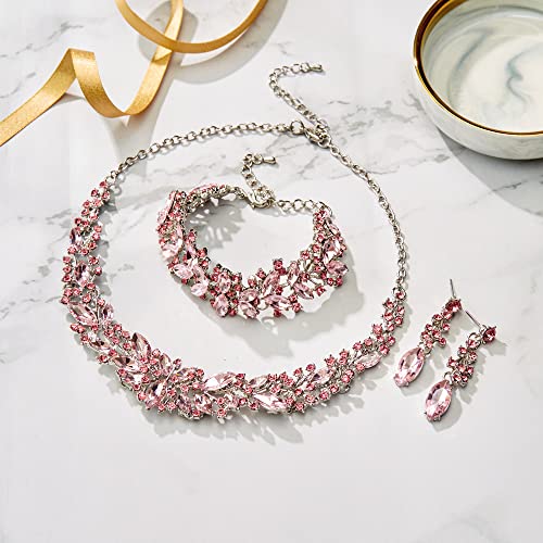 BriLove Women's Wedding Bridal Austrian Crystal Marquise Cluster Collar Necklace Dangle Earrings Set - Image 5
