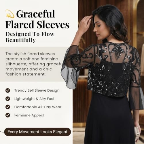 Image of Women net Sequins Embroidered Shrug with Flared Sleeves