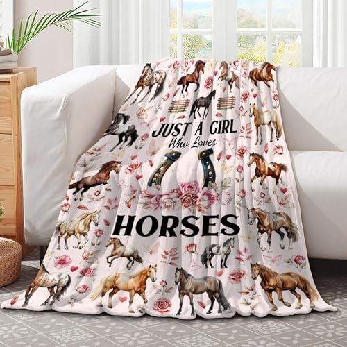 Horse Blanket for Girls Women,Just A Girl Who Loves Horses Flannel Blanket Gifts,Ultra Soft Pink Flowers Throw Decor for Bed Couch Living Room，40"x50"-Kids/Throw Size - image 2