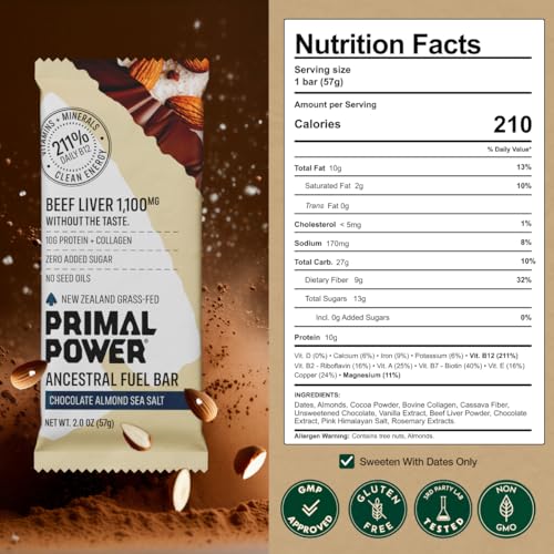 Primal Power Beef Liver Bar 1100mg - New Zealand Grass-Fed, 211% DV B12, 10g Protein Collagen - Zero Added Sugar, No Seed Oils, Gluten Free - Chocolate Almond Sea Salt (12 Pack) - Thumbnail 2