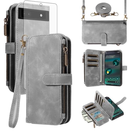 Étui Pixel 6A antichoc avec porte-carte et vitre en verre trempé anti-rayures gris