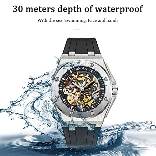 Image of Tiong Fashion Automatic Watches Mechanical Wrist Watch Golden for Mens Skeleton Watches with Stainless Steel Transparent Dial