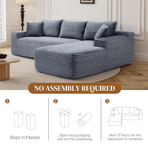Image of 95 inch L Shaped Boneless Sectional Couches, Wide Armrest, Deep Seat, Memory Foam, Assembly Free, Modern Comfy Corduroy Fluffy Cloud Sofa with Right Chaise for Living Room, Small Spaces, Grey