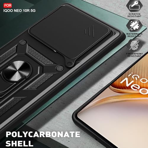 Image of AESTMO Tough Armor iQOO Neo 10R 5G Bumper Back Case Cover | Ring Holder & Sliding Camera Shield Cover | 360 Degree Protection Back Case Cover for iQOO Neo 10R 5G (Black)