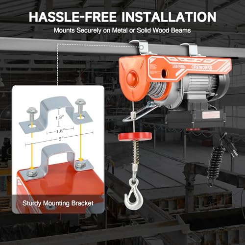 CREWORKS Electric Hoist, 2500lbs Electric Hoist with 328ft Wireless Remote Control 39ft Single Cable Lifting Height, 1800W Single Double Slings Hoist Lift Ceiling Winch for Factory Warehouse Garage