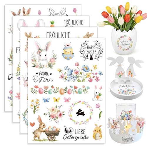4 Blätter Rub On Sticker Ostern Bunte Sprüche Ostern Aufkleber Frohe Ostern Sticker Ostereier Osterhasen Blumen Transferaufkleber Rub On Folie Frühling für Scrapbooking Glas Möbel Glas Holz Keramik